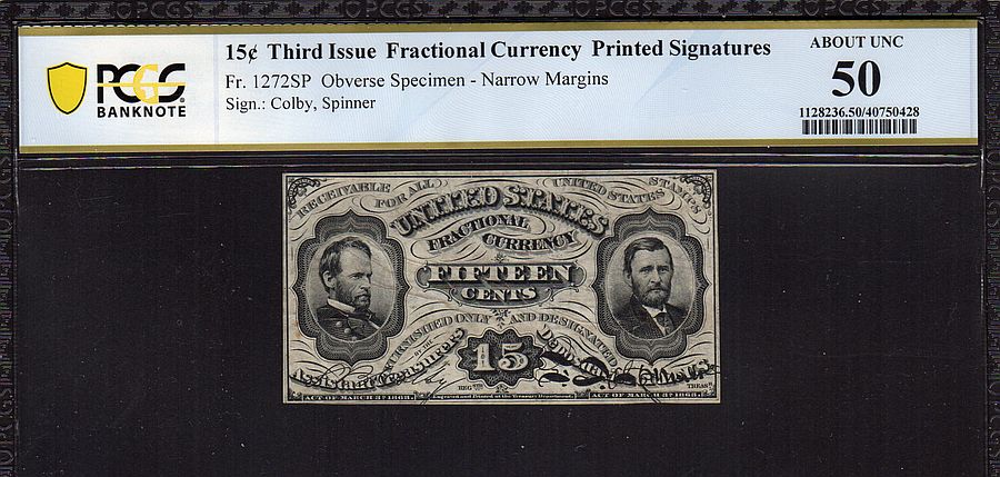 Fr.1272SP, 3rd Issue 15c Front Specimen (NM) Grant-Sherman, AU, PCGS-B AU-50